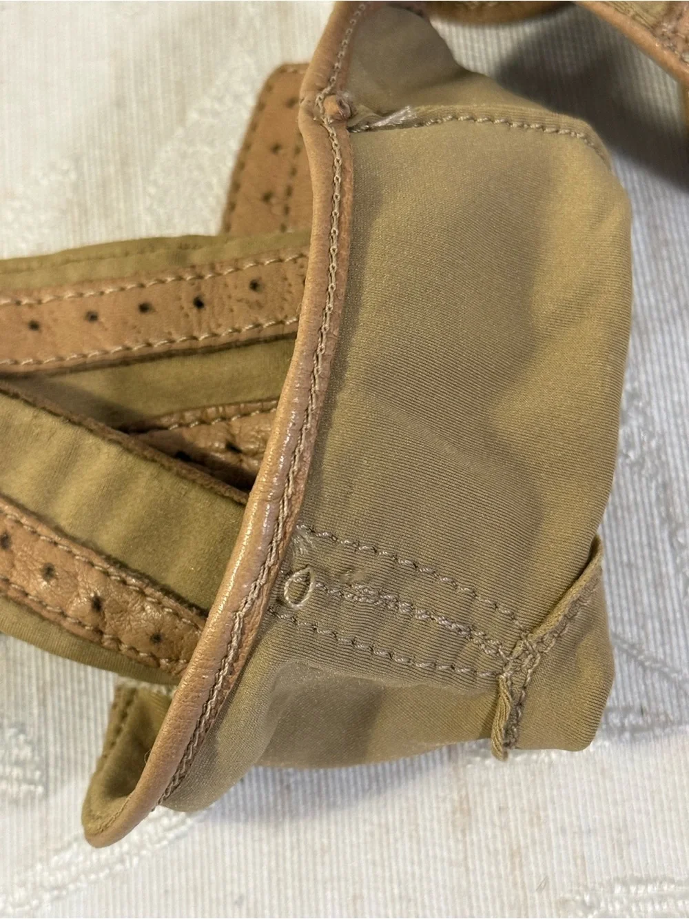 Vintage Isotoner ARIS Hand Vigor Tan Leather Nylon Driving Gloves Sz Large 8